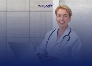 Smiling female doctor using a laptop with the HealthOrbit AI logo, representing AI medical scribe support for clinicians