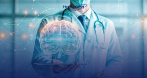 Doctor with holographic brain and AI tech, symbolizing ambient AI in neurology documentation