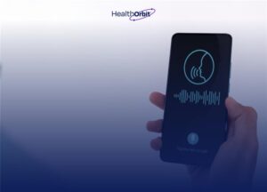 Person holding a smartphone with a voice waveform on screen, representing HealthOrbit AI voice assistant