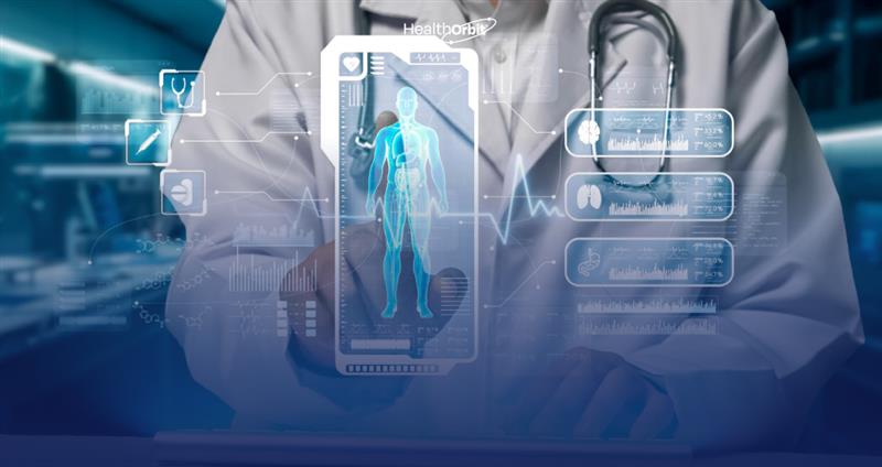 Doctor using futuristic Ambient AI scribe for automated clinical documentation