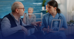 ALT text - Neurologist discusses scan results with patient, using AI scribe to streamline workflow