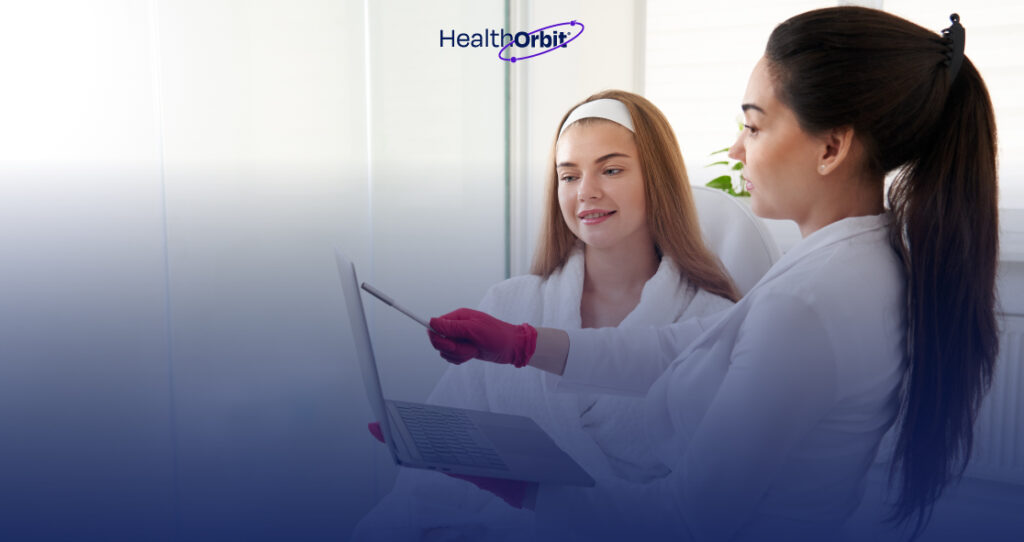 Dermatologist using AI-powered scribe on laptop to simplify Dermatology Notes during consultation.