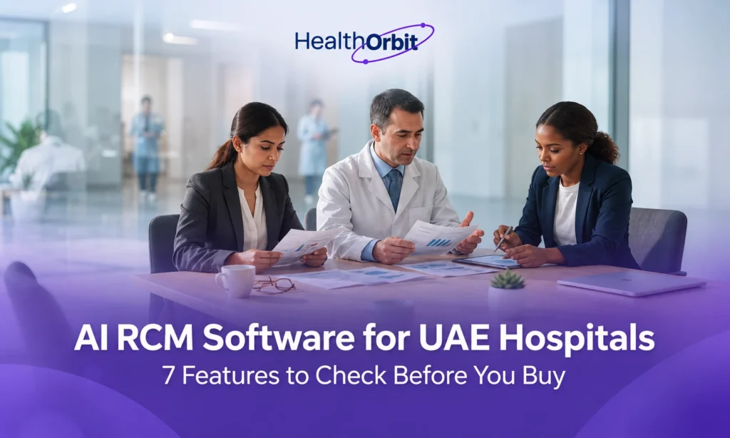 Hospital billing team reviewing revenue reports while comparing AI RCM software for UAE hospitals
