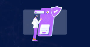 Clinician using a secure AI health assistant app on a smartphone, with a shield icon representing protected patient data.