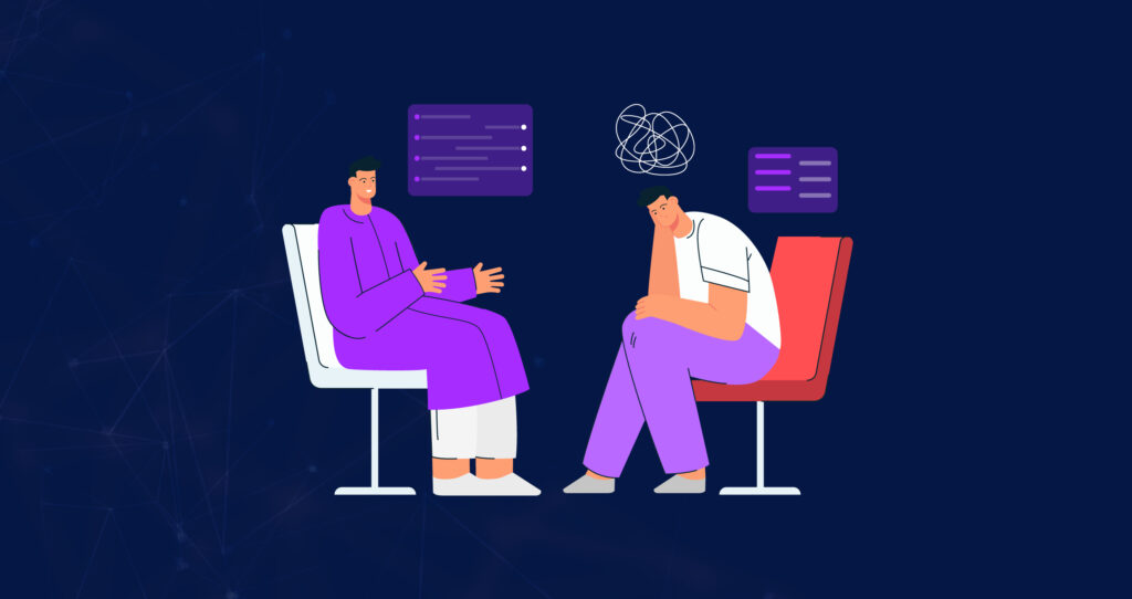 Illustration of therapist using Mental Health SOAP Notes to assess patient’s emotional state.