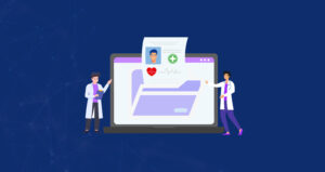 Electronic Medical Records in Healthcare concept—two doctors beside a laptop displaying a patient record, ECG and health icons.