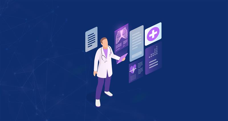 Illustration of a doctor using AI in Medical Diagnosis to review digital health records and scans with speed and precision