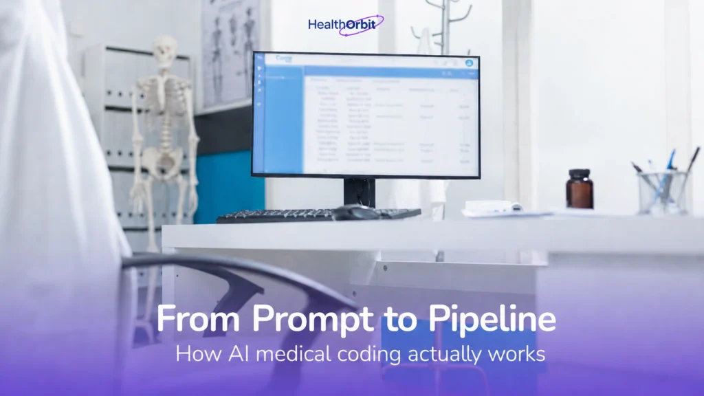 Medical workstation with coding software on screen representing AI medical coding pipeline for healthcare billing