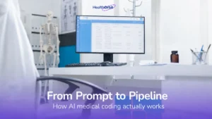 Medical workstation with coding software on screen representing AI medical coding pipeline for healthcare billing