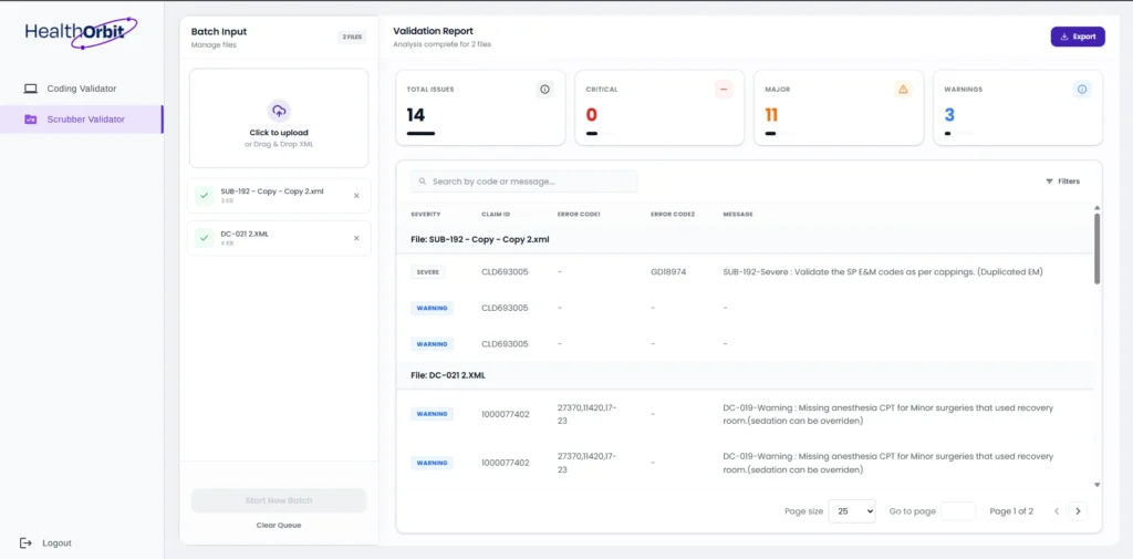 HealthOrbit AI claim scrubber dashboard.