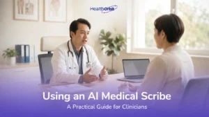 Doctor consulting a patient while an AI medical scribe records the conversation
