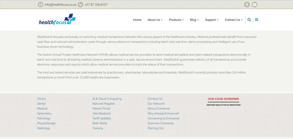 HealthFocus website page describing the MediSwitch platform overview.