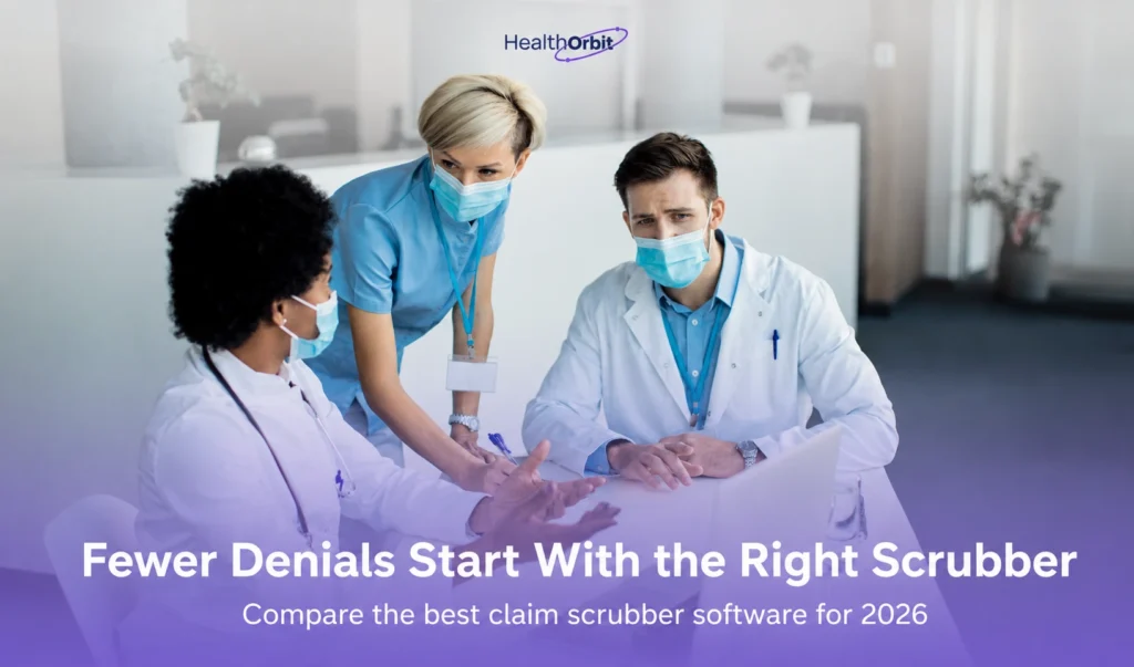 Healthcare billing staff reviewing claim scrubber software results on a workstation