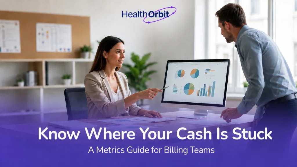 Practice team checking revenue cycle KPIs in healthcare during a monthly review