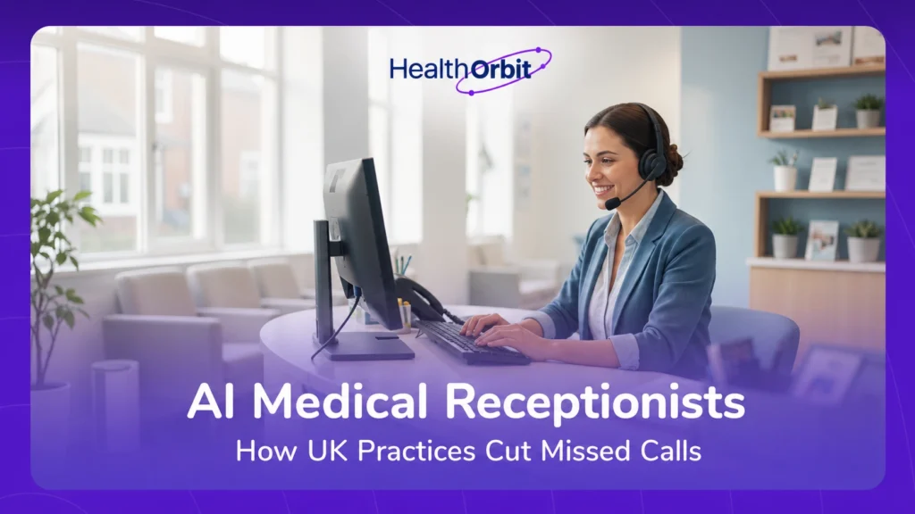 AI medical receptionist support at a UK GP practice front desk, a receptionist answering a call with a headset in soft morning light.