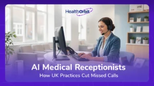 AI medical receptionist support at a UK GP practice front desk, a receptionist answering a call with a headset in soft morning light.