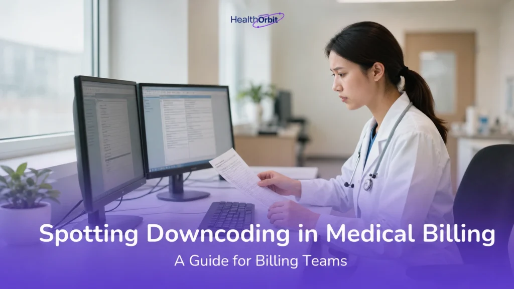 Medical billing specialist reviewing a remittance report for signs of downcoding in medical billing