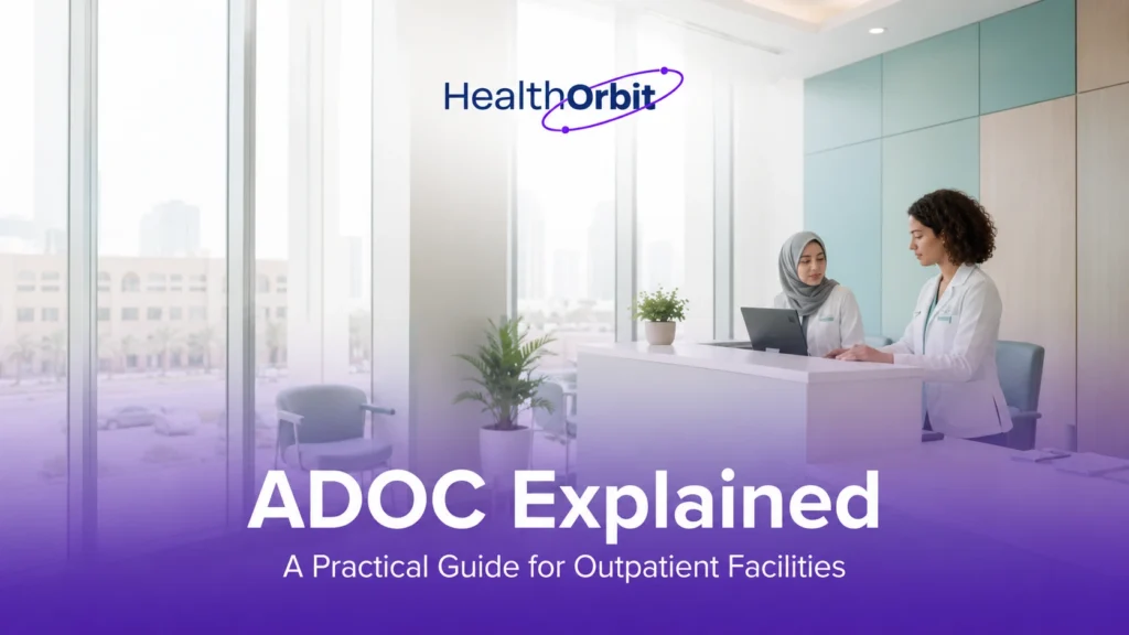 Outpatient reception staff review patient records at a clinic desk, ADOC explained guide for Abu Dhabi facilities