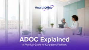 Outpatient reception staff review patient records at a clinic desk, ADOC explained guide for Abu Dhabi facilities