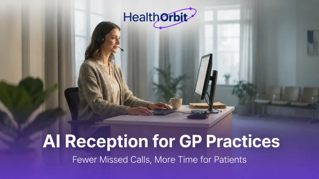 AI medical receptionist supporting a UK GP practice front desk during the morning call rush.