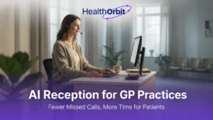 AI medical receptionist supporting a UK GP practice front desk during the morning call rush.