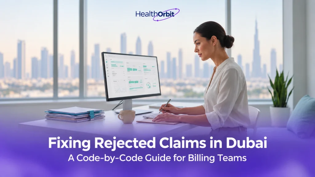 Medical billing specialist in a Dubai clinic reviewing DHA claim rejection codes on a computer screen