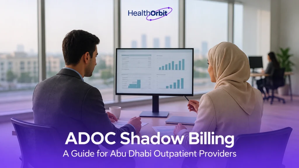 ADOC shadow billing team reviewing outpatient claims data in an Abu Dhabi healthcare office