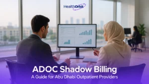 ADOC shadow billing team reviewing outpatient claims data in an Abu Dhabi healthcare office