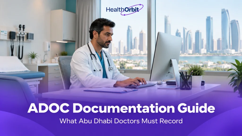Doctor in an Abu Dhabi outpatient clinic recording a clinical note that meets ADOC documentation requirements