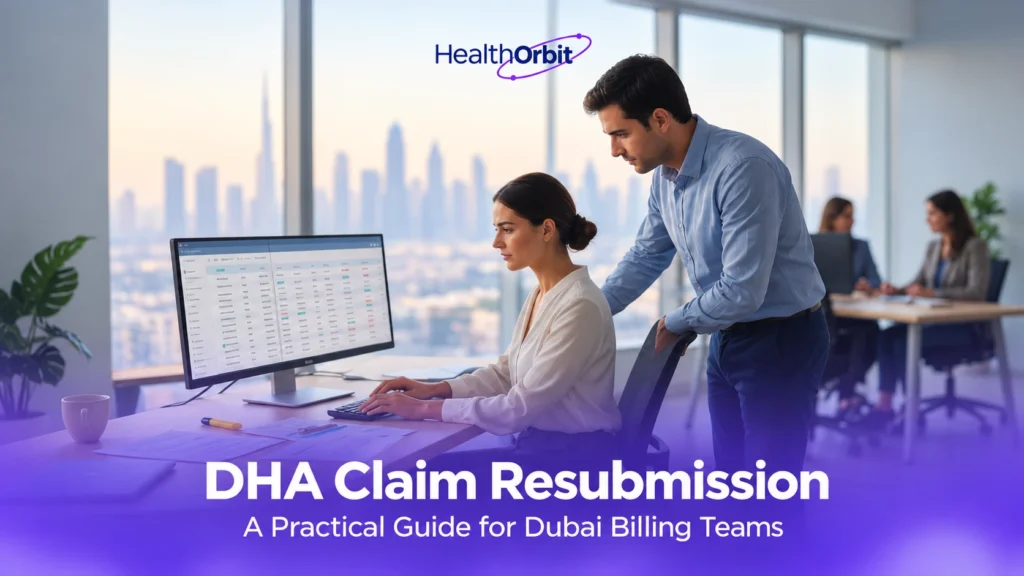 Billing specialist and colleague in a Dubai office reviewing a denied claim for DHA claim resubmission