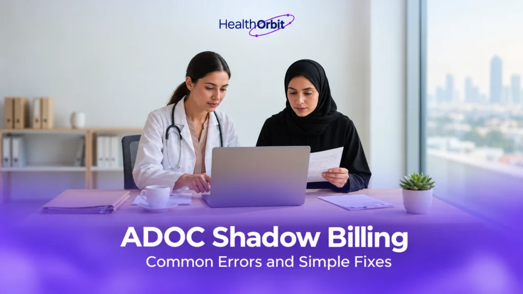 Doctor and billing specialist reviewing claims on a laptop to fix ADOC shadow billing errors in an Abu Dhabi clinic