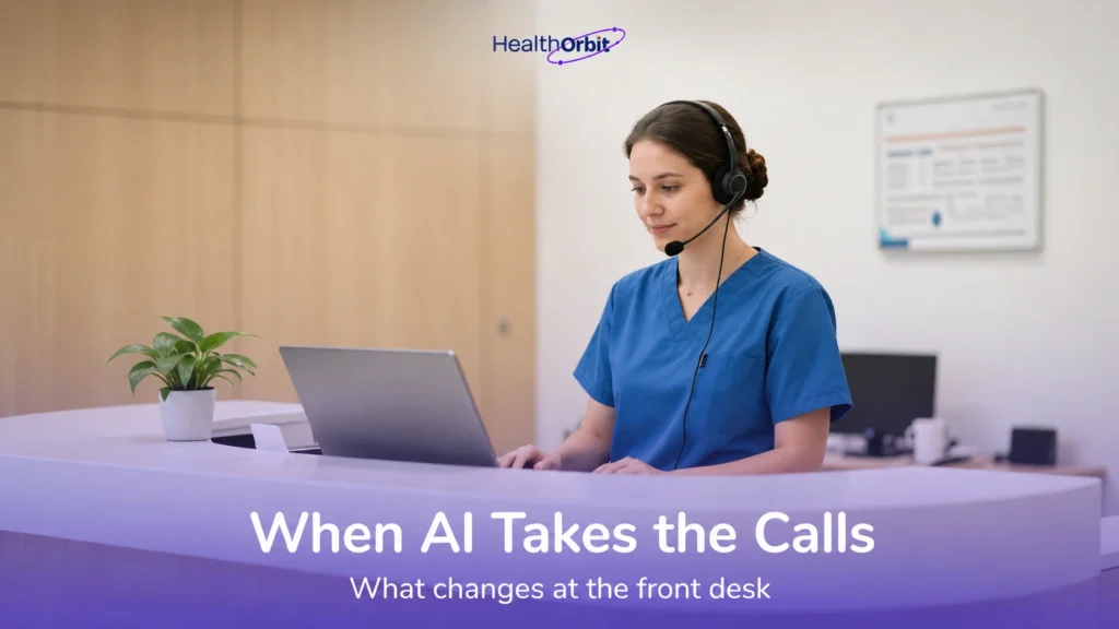 Medical receptionist at a clinic front desk answering patient calls with a headset